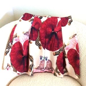 Engenia Fernandez Floral Print with Monkeys - Red and Cream Mini Skirt